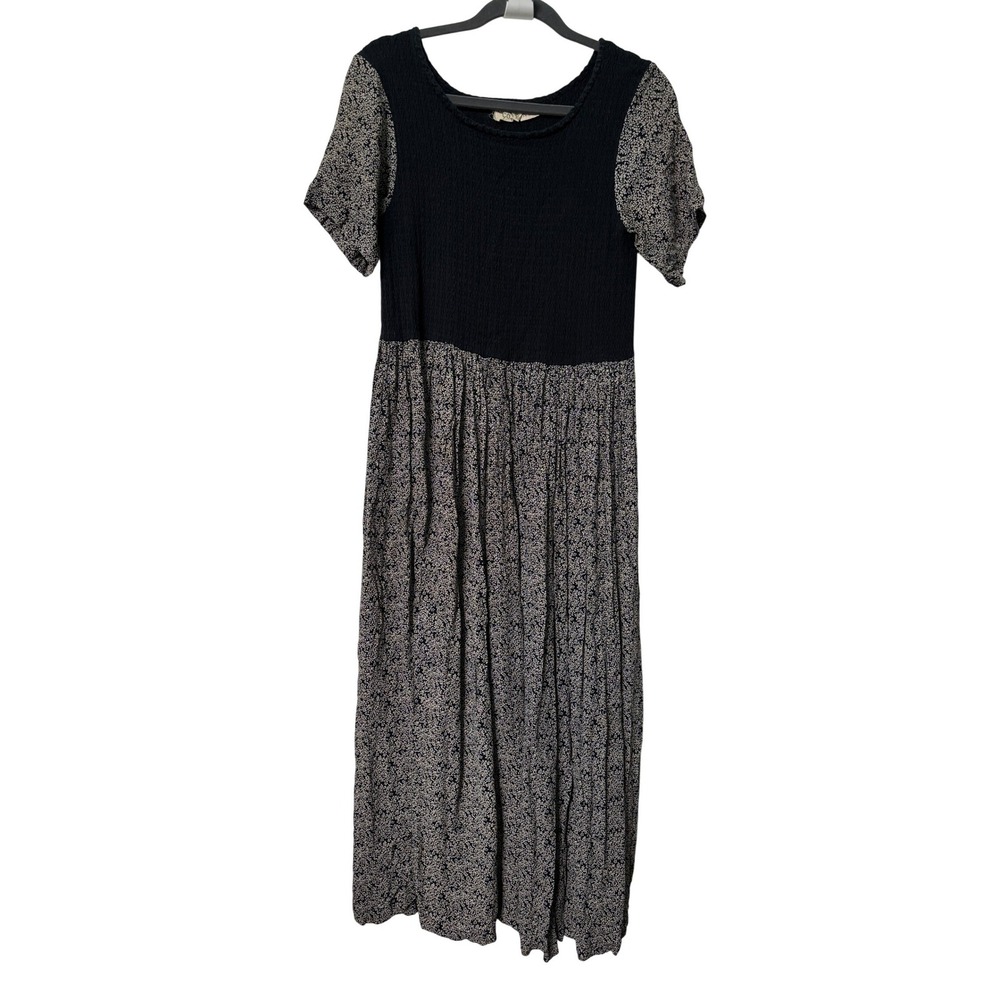 Cool Colors Vintage Black Floral Crinkle Rayon Midi Dress Womens Small Boho 90s